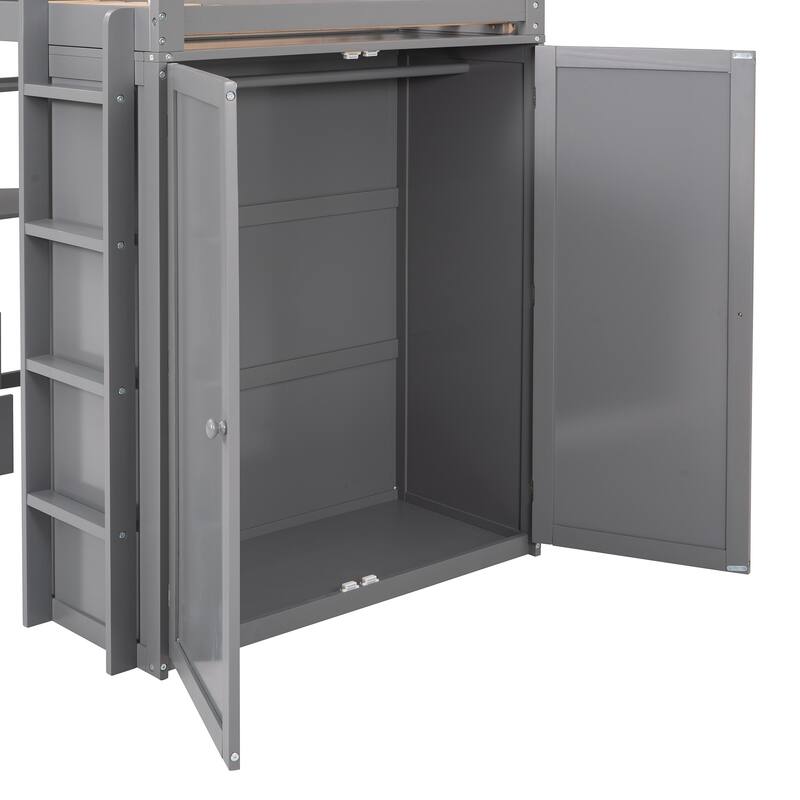 Space-Saving Twin Loft Bed with Desk, Drawers, and Wardrobe in Gray