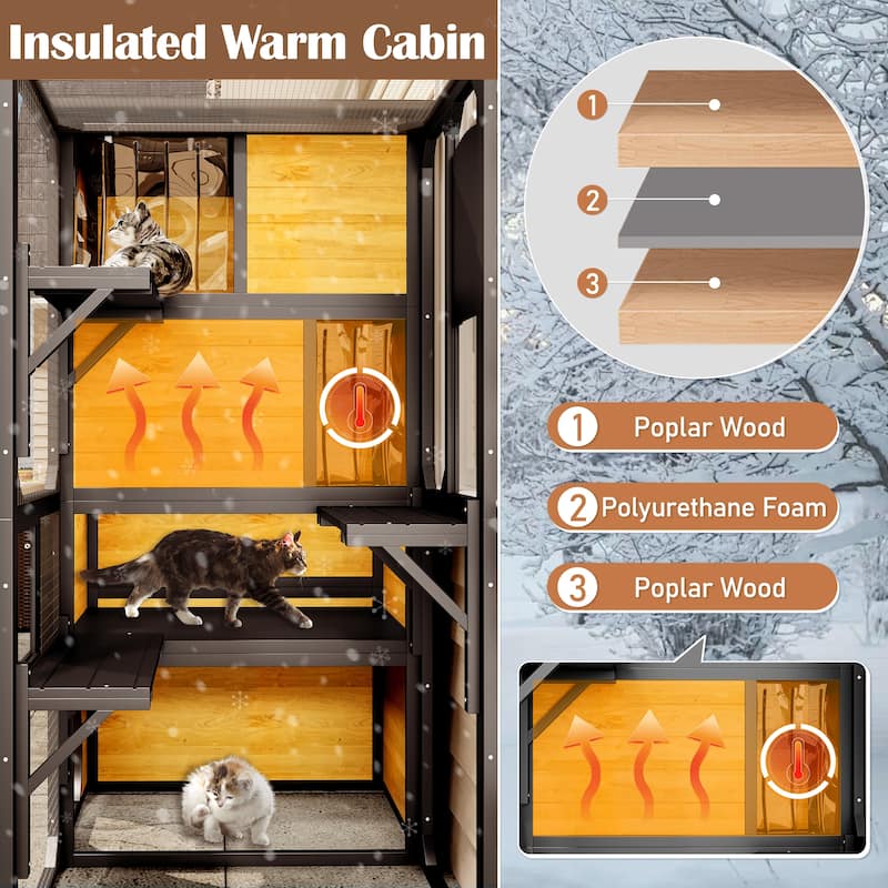 Catio Outdoor Cat Enclosure with Window Access, Outdoor Insulated Cat House for Multiple Cats, Cat Patio with Platforms