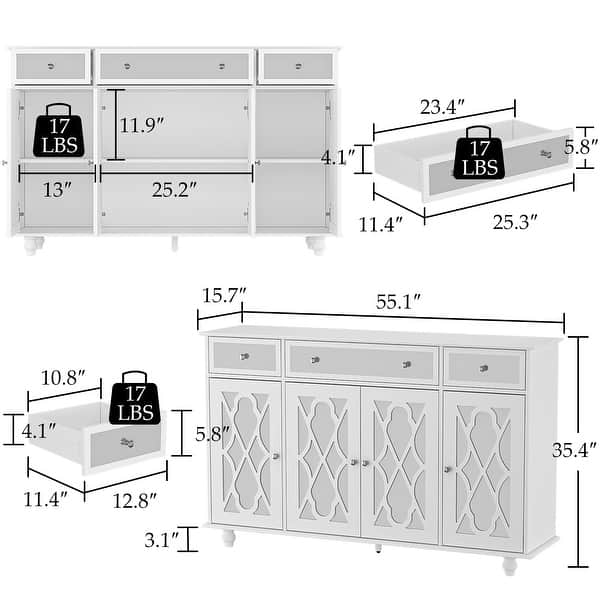 dimension image slide 1 of 3, 55.1" Accent Storage Cabinet Mirror Sideboard Buffet Cabinet Buffet