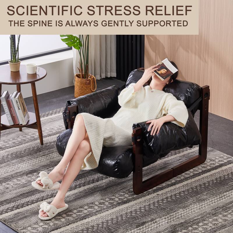 Lounge Chair Oil Wax Leather Sofa Chair with Removable Armrests, Rubber Wood Decorative Chair for Living Room