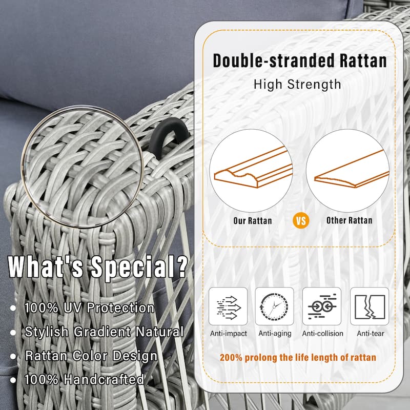 Anmytek 69 Inch PE Wicker 3 Person Porch Swing with Gray Cushions and Hanging Chains for Patio and Garden