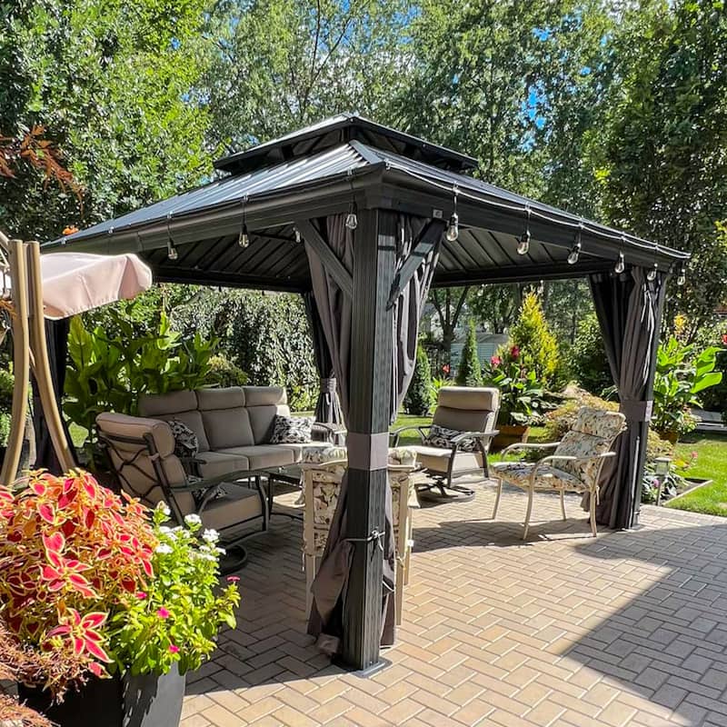 PURPLE LEAF Outdoor Galvanized Steel Hardtop Gazebo, Aluminum Frame Gazebo With Curtains