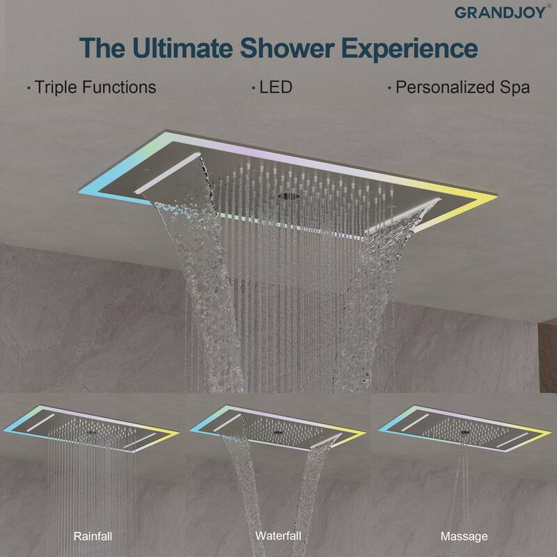 GRANDJOY Thermostatic Triple-Function LED Rain and Waterfall Shower System with Handheld and Built-In Music