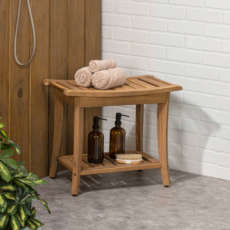 Tucker 22.1" Slatted Acacia Wood Indoor/Outdoor Shower Bench w/ Shelf & Handle, By JONATHAN Y - 22.1L x 12.99W x 18.5H