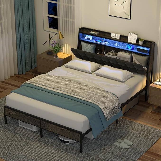 Ergonomic Queen Bed Frame with RGB LED Lights, Charging Station, and Multi-Space Storage