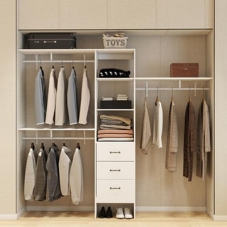 96 Inches Closet System, 8FT Walk In Closet Organizer with 3 Adjustable Shelves & 3 Expandable Hanger Rods & 3 Drawers, Built-In Garment Rack, 96