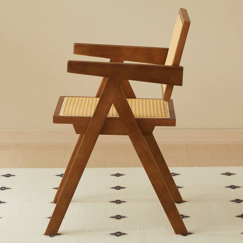2 Piece Rattan Solid Wood Kitchen Dining Chair with Cushions, Backrests, Armrests for Dining Room Kitchen Living Room Bedroom