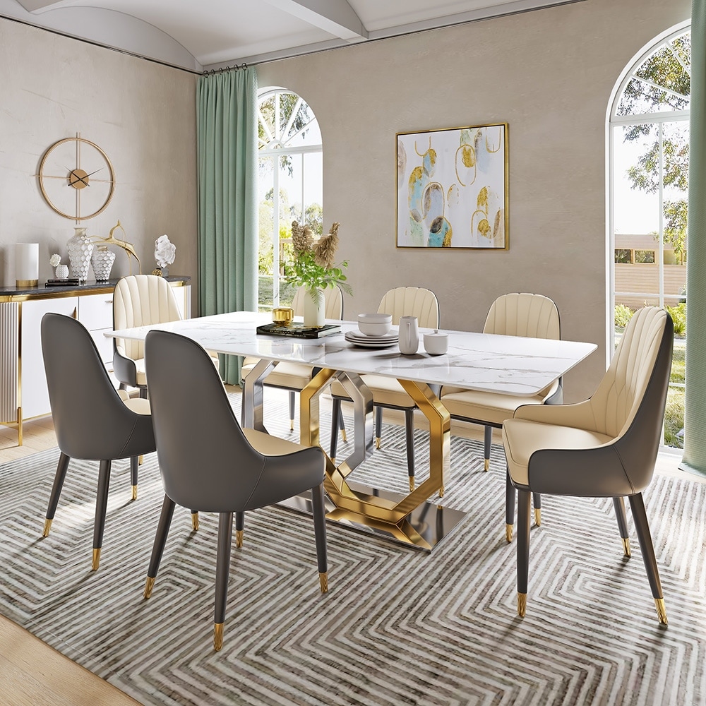 Modern White Faux Marble Dining Table with Rectangular Table Top, Golden Hexagonal-Legged legs