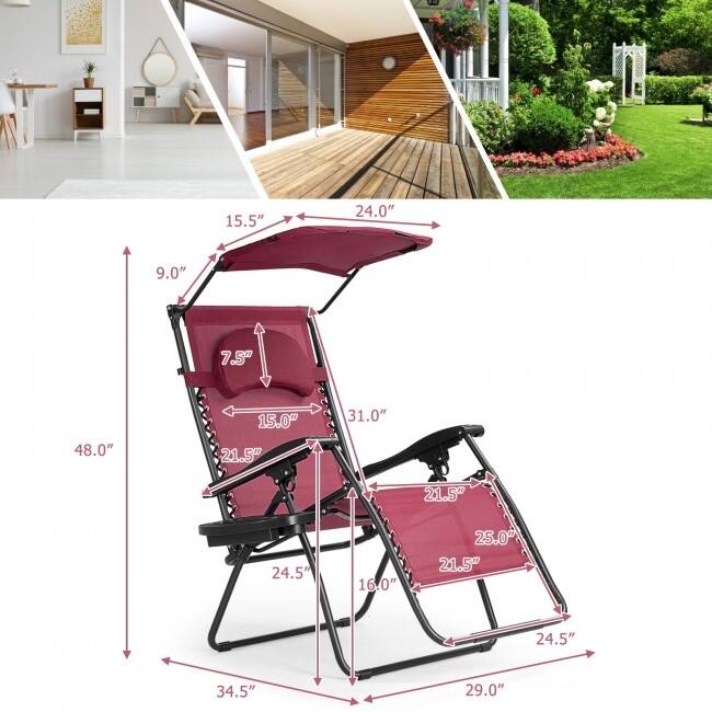 Portable Reclining Lounge Chair with Sunshade, Cup Holder, and Folding Design - Dark Red