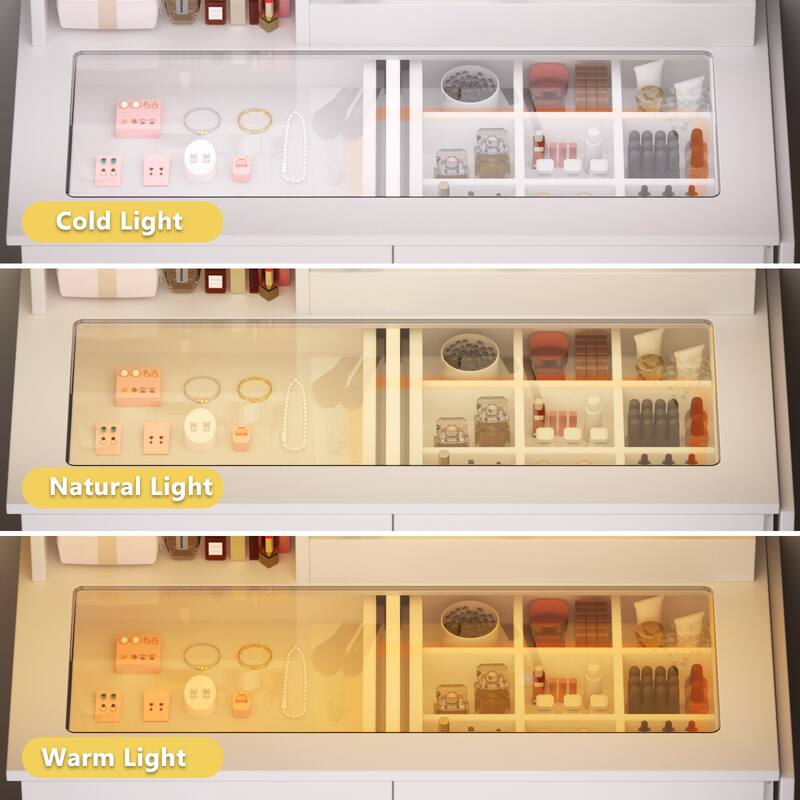 Vanity Desk with Glass Top, 3 Colors LED Lights & Mirror, Small Dressing Table with Power Outlet, 2 Drawers & Cabinet