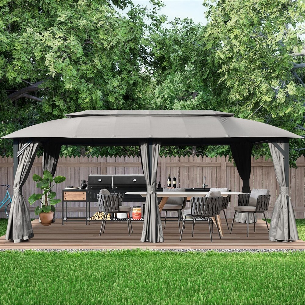 Gazebo 10x20 FT Outdoor Gazebo with Double Roofs Privacy Curtains Grey