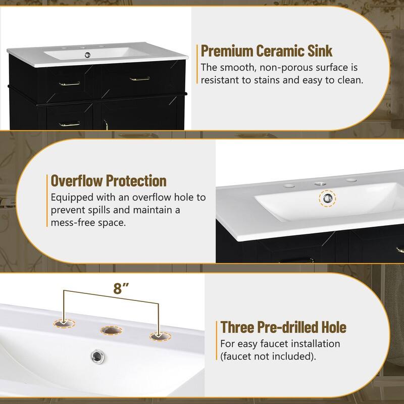 Modern Freestanding Bathroom Vanity with 30-Inch Ceramic Sink, Soft Close Storage Cabinet with 3 Drawers & Adjustable Shelf
