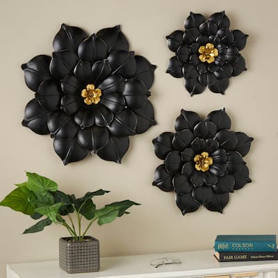 Black Metal 3D Floral Home Wall Decor with Gold Center (Set of 3)