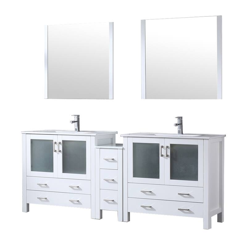 Volez Double Bath Vanity with Side Cabinet, Faucet Set, White Ceramic Top and Mirrors