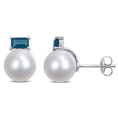 Miadora 10k White Gold Cultured FW Pearl and Baguette-cut London-Blue Topaz Stud Earrings (9-9.5mm) - 12.5 mm x 9.1 mm x 9.9 mm