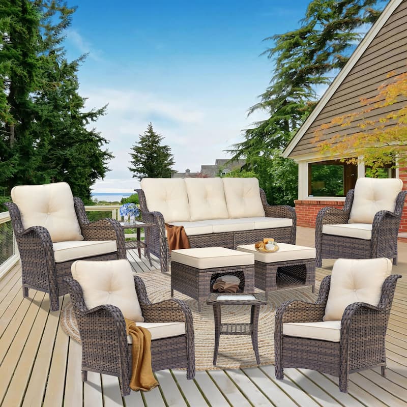 Outdoor Brown Wicker Patio Furniture Seating Sets with Beige Cushions - 9 Piece