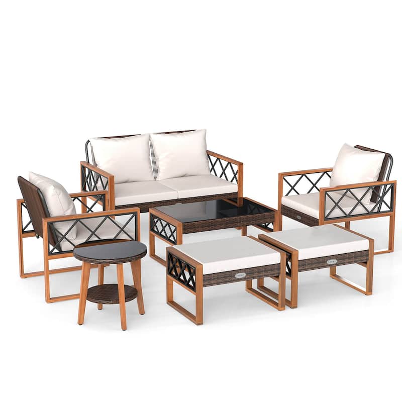 Costway 7 PCS Patio PE Wicker Furniture Set with Ottomans Cushions and - See Details