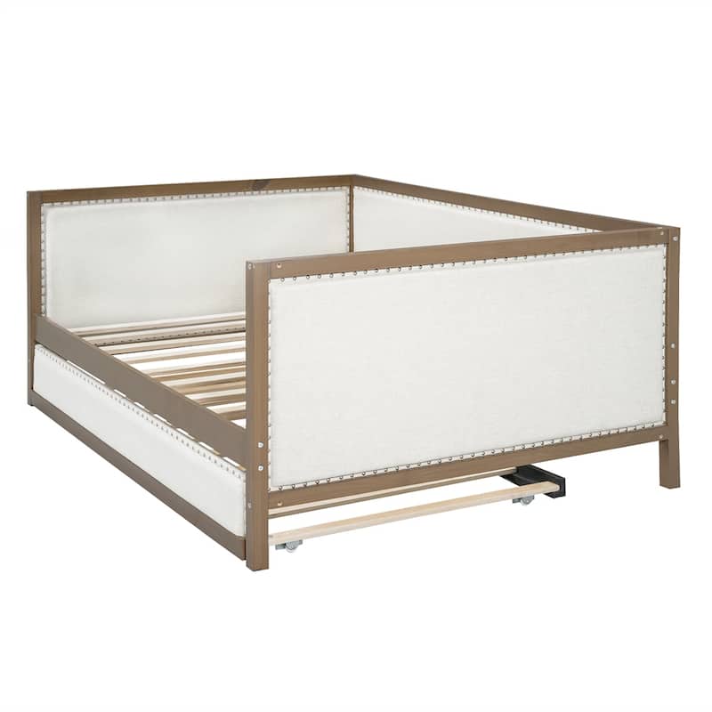 Full Size Linen Upholstered Daybed with Trundle and Nailhead
