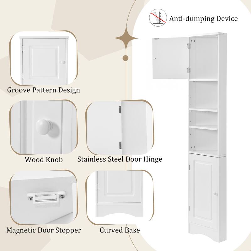 Multi-Functional Corner Cabinet Tall Bathroom Storage Cabinet with Two Doors and Adjustable Shelves, Open Shelf - Wood - White