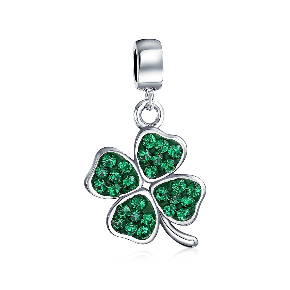 Celtic Lucky Leaf Clover Green Crystal Shamrock Irish Dangle Bead Charm For Women 925 Sterling Silver