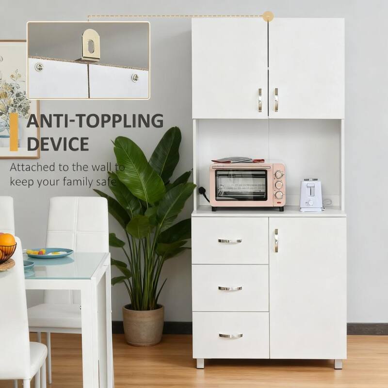 Classic White Pantry Cabinet, 72.30 Inch Wooden Storage Cabinet with Open Countertop and Drawers for Kitchen, Dining Room