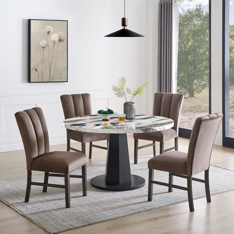 Roundhill Furniture Cavira 5-Piece Modern Dining Set, Round Faux Marble Dining Table with Four Chairs - White Table+4 Chocolate Chairs