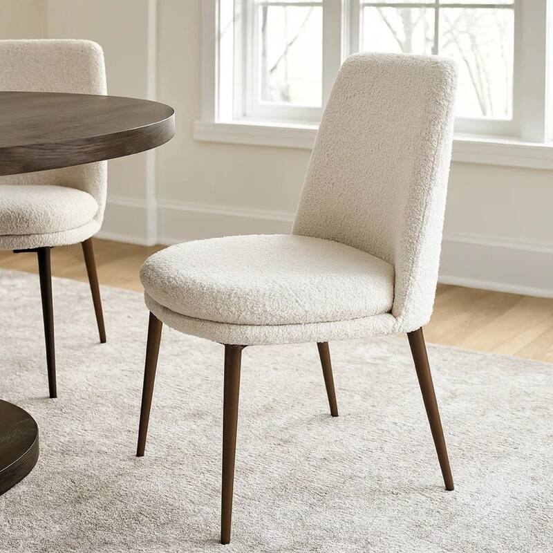 Zame 20 Inch Dining Chair, Boucle Fabric, Tapered Legs, Set of 2, White, Brown