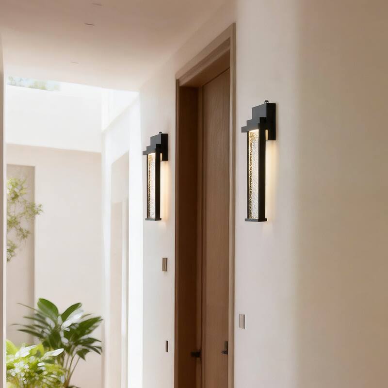 15 in. Sand Black Dusk to Dawn LED Outdoor Hardwired Wall Sconce with Water Wave Glass - Dimmable, 2700K, Wet Rated