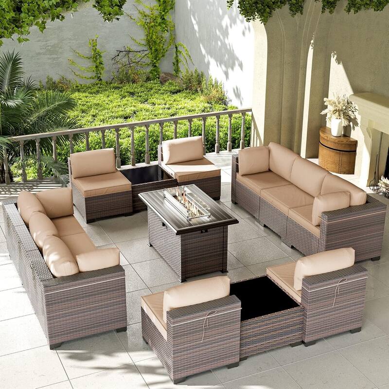 Patio Furniture Sets, Outdoor Wicker Sectional with Firepit Table Side Table for Cabinet Deck Balcony - 13-Pieces - Sand