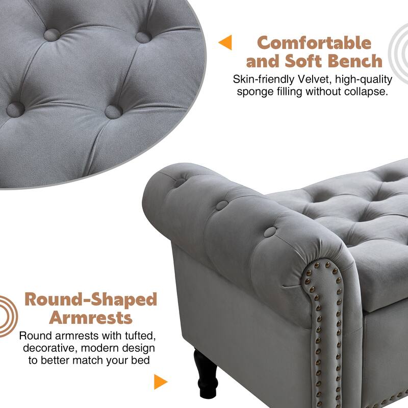 67" Velvet or PU Tufted Storage Bench for Bedroom End of Bed with Roll Arms