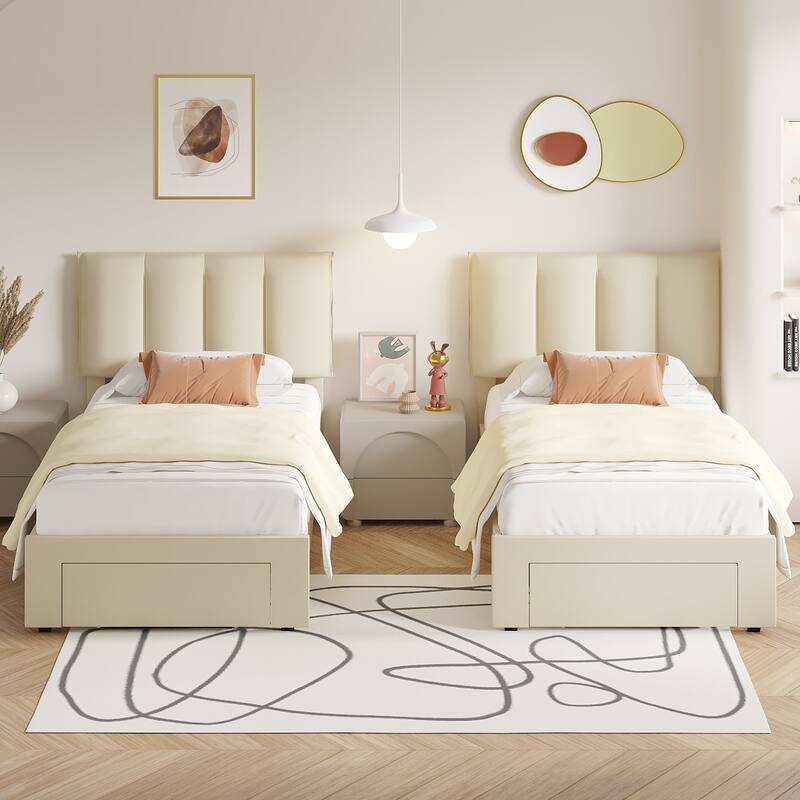VECELO Set of 2 Kids Bed Frame with Storage Drawer Height Adjustable Upholstered Bed Twin Size Bed
