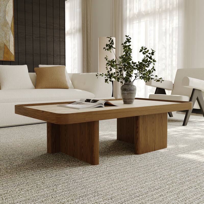 51.18" Mid Century Retangular Coffee Table, Beige Sintered Stone Table top, Solid Wood Legs