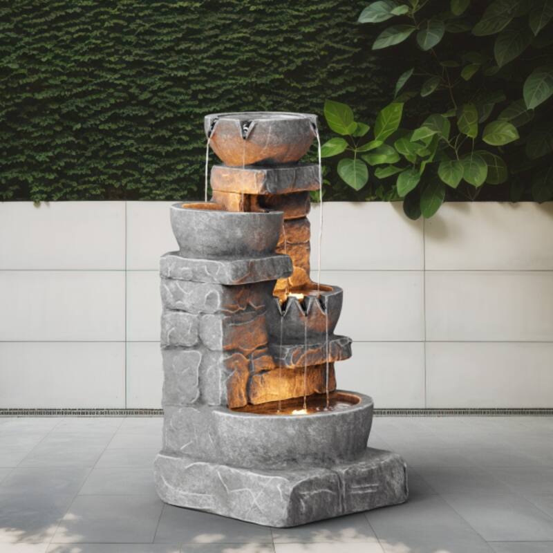 Teamson Home 3-Tier Stacked Stone Outdoor Water Fountain with LED Lights