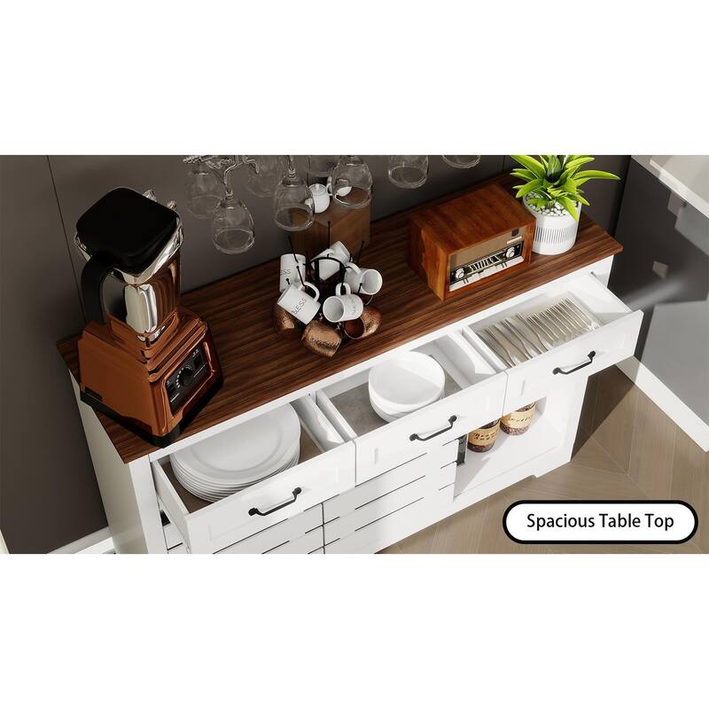 53" Farmhouse Sideboard Buffet Storage Cabinet with 3 Drawers, 2 Sliding Barn Doors, 2 Adjustable Shelves, Coffee Bar Cabinet