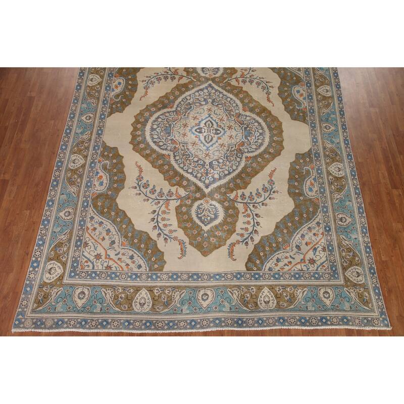 Hand Knotted Oriental 100% Wool Carpet Traditional Medallion Beige & Ivories Tabriz Area Rug - 12' 8'' X 9' 4''