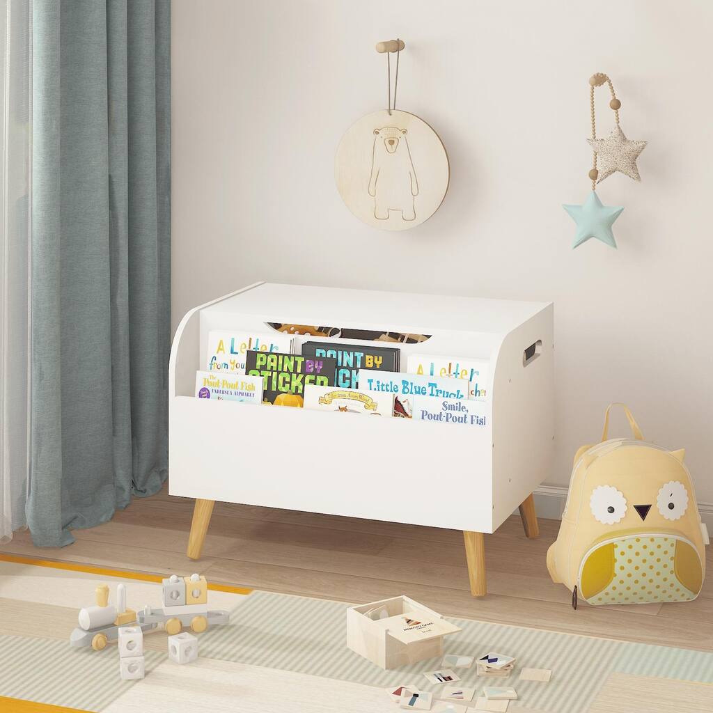 Wooden Toy Box, Kids Toy Storage Organizer with Front Bookshelf, Flip-Top Lid, Safety Hinge, Boys Girls Toy Chest Bench