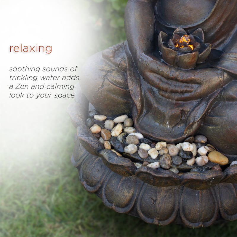 Alpine Corporation GEM122 33" Bronze Outdoor Meditating Buddha Water Fountain with LED Lights
