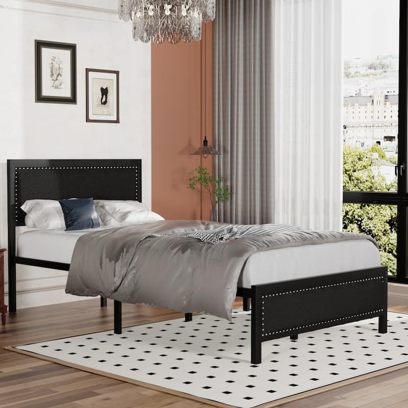 VECELO Bed Frame with Upholstered Linen Headboard and Footboard Heavy-Duty Platform with Strong Metal Slats