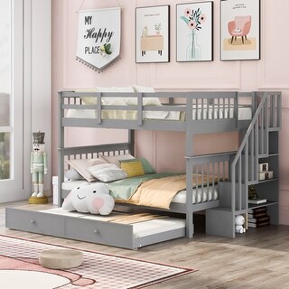 Stairway Full over Full Wooden Bunk Bed with Twin Trundle, Storage & Guard Rails - Ideal for Bedrooms and Dorms