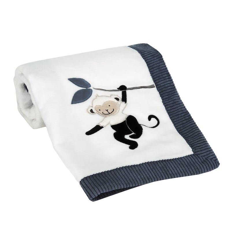 Lambs & Ivy Jungle Party White/Navy Monkey Soft Fleece Baby Blanket
