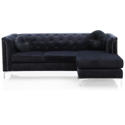 Nailhead Trim Tufted Velvet Sectional Sofa with Throw Pillows - 83" - Black