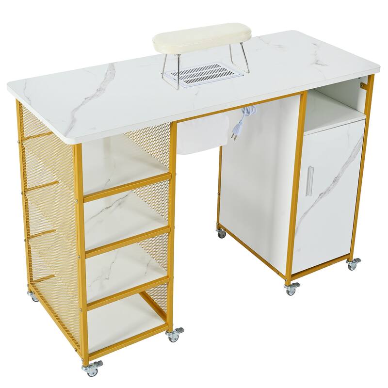 Manicure Table Marbling Texture Nail Table With Electric Downdraft Vent Wrist Cushion Lockable Wheels Storage Layers Cabinet - Gold+White