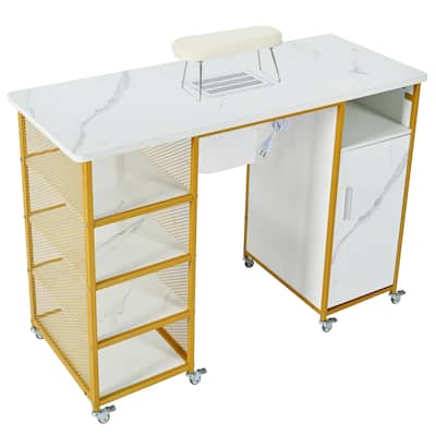Manicure Table Marbling Texture Nail Table With Electric Downdraft Vent Wrist Cushion Lockable Wheels Storage Layers Cabinet