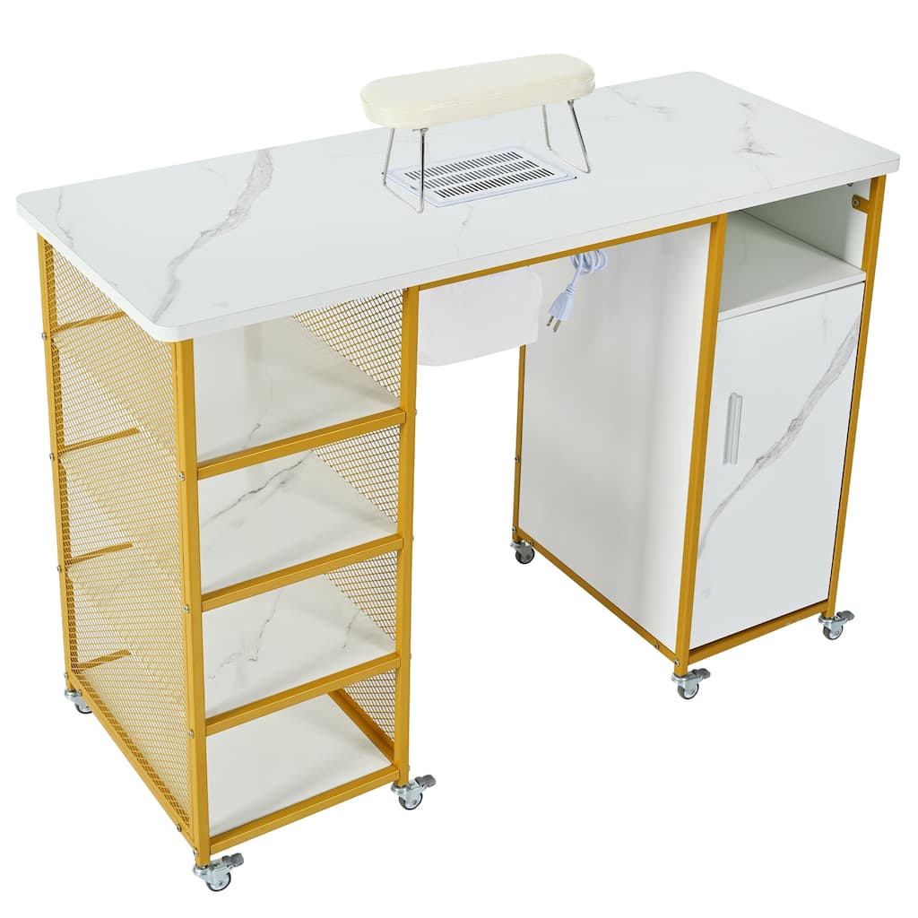 Manicure Table Marbling Texture Nail Table With Electric Downdraft Vent Wrist Cushion Lockable Wheels Storage Layers Cabinet