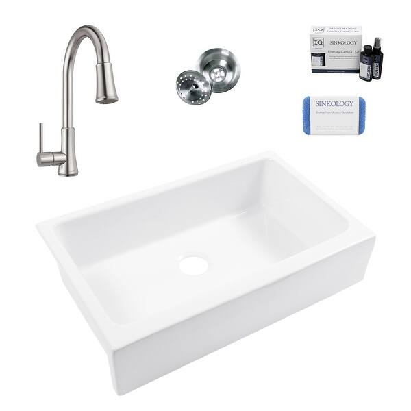 slide 2 of 10, Grace Crisp White Fireclay 34-in Quick-Fit Farmhouse Undermount Single Bowl Kitchen Sink with Faucet Kit