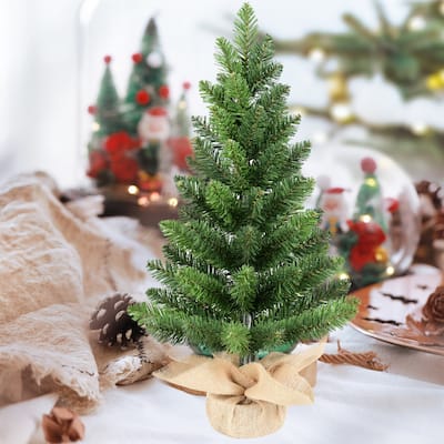 Set of 2 Tabletop Christmas Trees, 2FT Small Artificial PVC Green Trees with 68 Tips Each, Burlap-Wrapped Cement Base