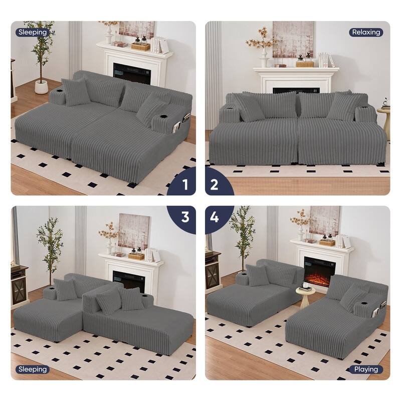 Mixoy 85"Movable Double Chaise Lounge Sofas,Loveseat with Cup Holder,Side Pockets,2 Pcs Oversized Single Sleeper Sofa Chair