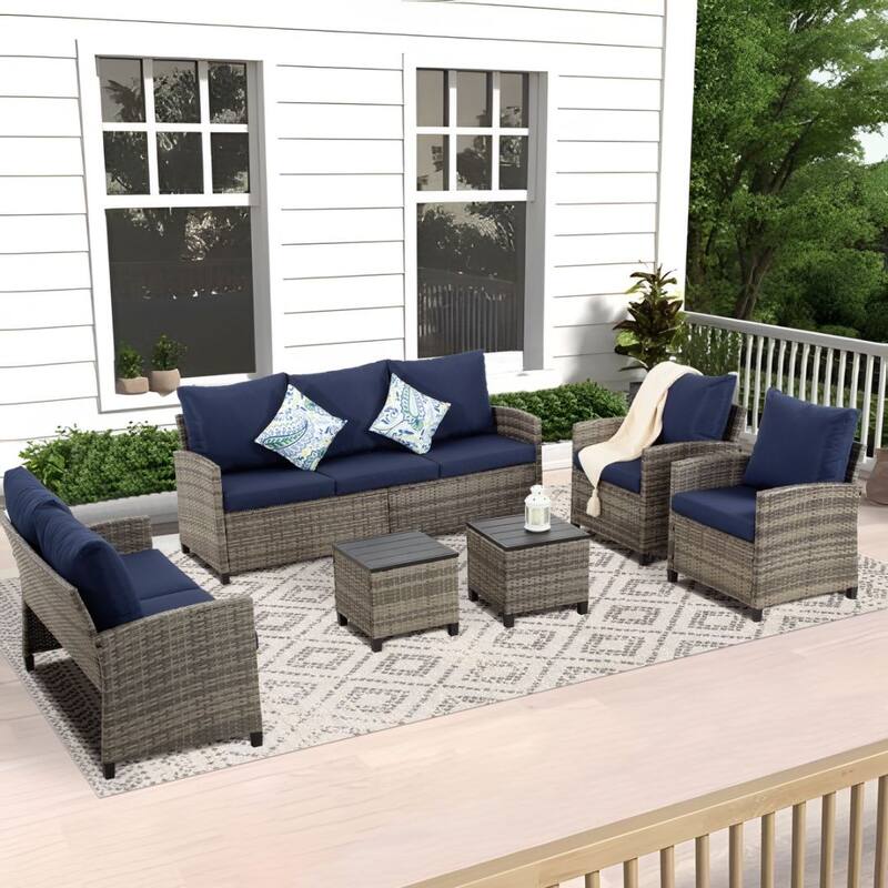 7-PC Gray Wicker Patio Conversation Set with Ottoman - Gray/Blue