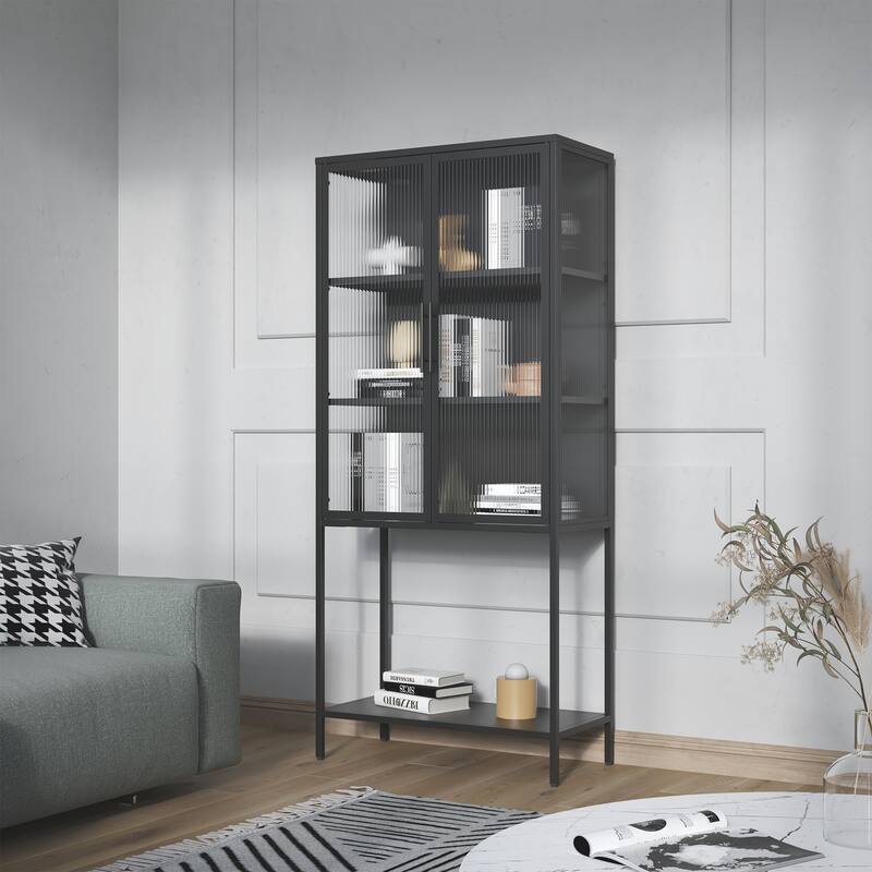 Benvolio 70.87-inch Black Two Door Metal Storage Cabinet with Fluted Clear Doors - 70.87