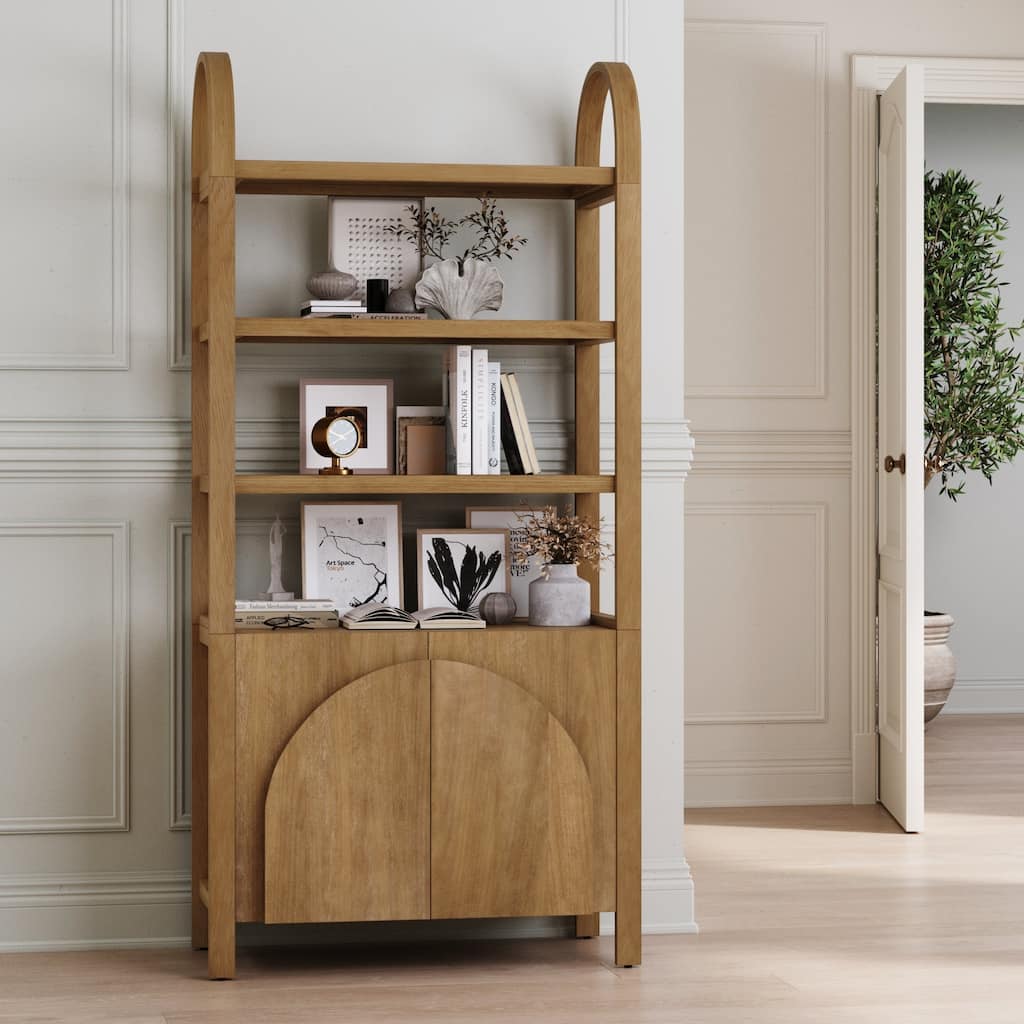 Iris Bohemian 3 Tier Bookshelf, Arched Bookcase Cabinet, Solid Wood Bookcase with Cabinet Base